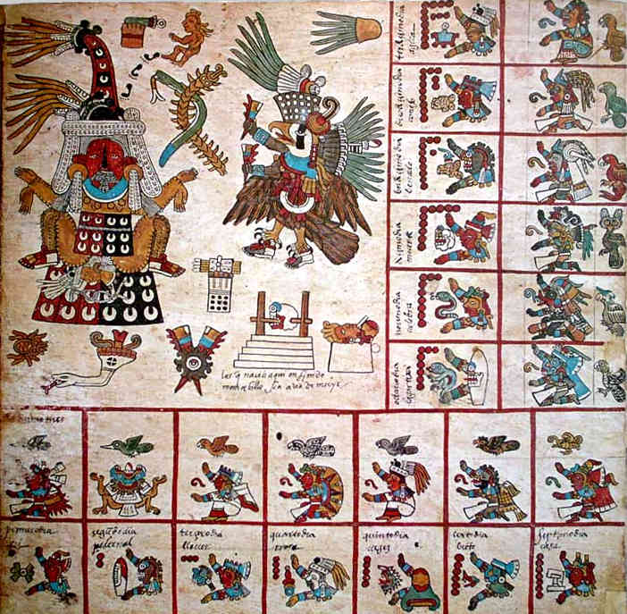 De Codex Borbonicus is, met het Gebed van de Reiziger, Ã©Ã©n van de schaarse pre-columbiaanse Azteekse teksten die de Spaanse verwoesting hebben overleefd. Met de Maya-geschriften liep het nog slechter af. Bron: Wikimedia Commons