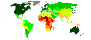 Human Development index. Groene landen zijn het best ontwikkeld, rode het minste. Er lijkt een negatieve correlatie met diversiteit te zijn. Bron: Wikipedia