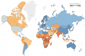Kaartje met de meest en minst diverse landen. De minst diverse landen zijn blauw, de meest diverse landen rood.