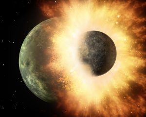 Protoplaneet met de grootte van de maan botst met een protoplaneet, zo groot als Mercurius. Bron: NASA/Caltech