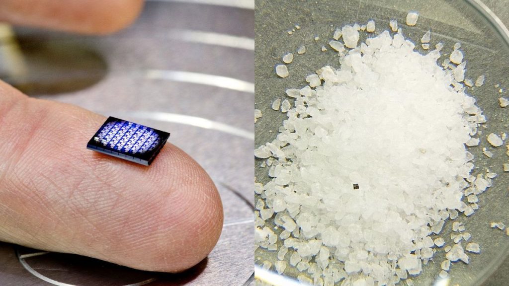 64 microscopisch kleine computers (links). Rechts: de grootte van Ã©Ã©n computer vergeleken met zoutkorrels. Bron: IBM