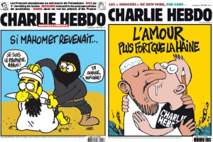 Enkele subtielere cartoons van Charlie Hebdo waarin de veronderstelde uitvinder van de islam, de koopman Muhammad ibn Abdullah, wordt afgebeeld. Bron/copyright: Charlie Hebdo Magazine