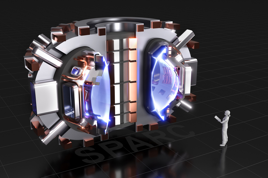SPARC, het nieuwe MIT-experiment is veel kleiner dan de enorme reactor ITER, maar moet door de sterkere magnetische velden toch goede resultaten kunnen bereiken. Bron/copyright: MIT