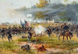 Volgens sommige waarnemers wordt een burgeroorlog in Usa steeds waarschijnlijker. Bron: Battle of Antietam, Thulstrup (public domain)