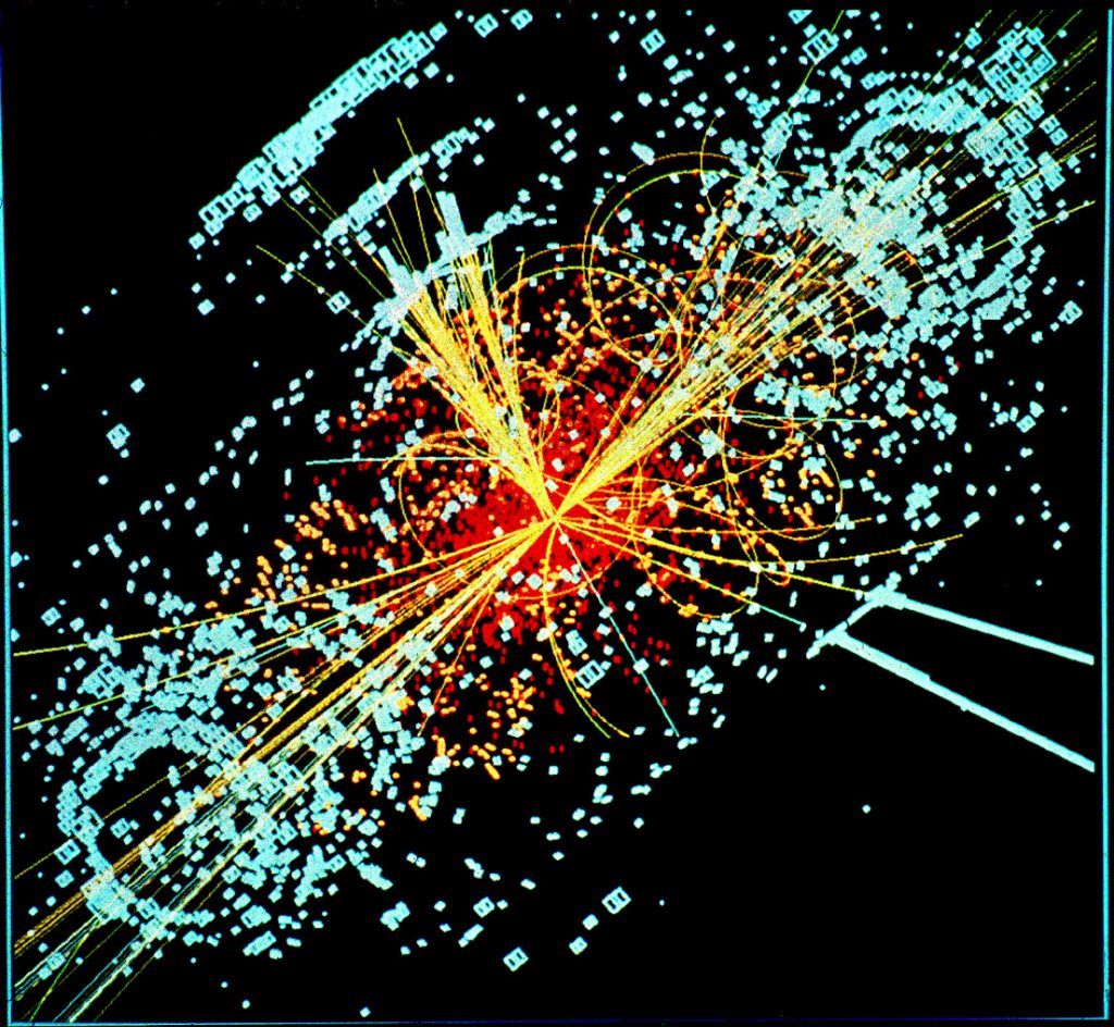 Extreem energierijke botsingen, zoals deze waarbij een Higgsdeeltje betrokken was, zijn veel te sterk om lichte deeltjes te kunnen vinden, Bron: Wikimedia Commons/Lucas Taylor (CERN)