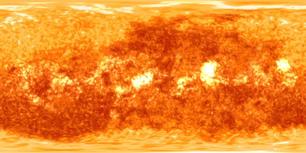 Een uiterst tijdelijke landkaart van de oppervlakte van de zon. Uiteraard verandert de gasvormige oppervlakte van de zon voortdurend. Bron: NASA